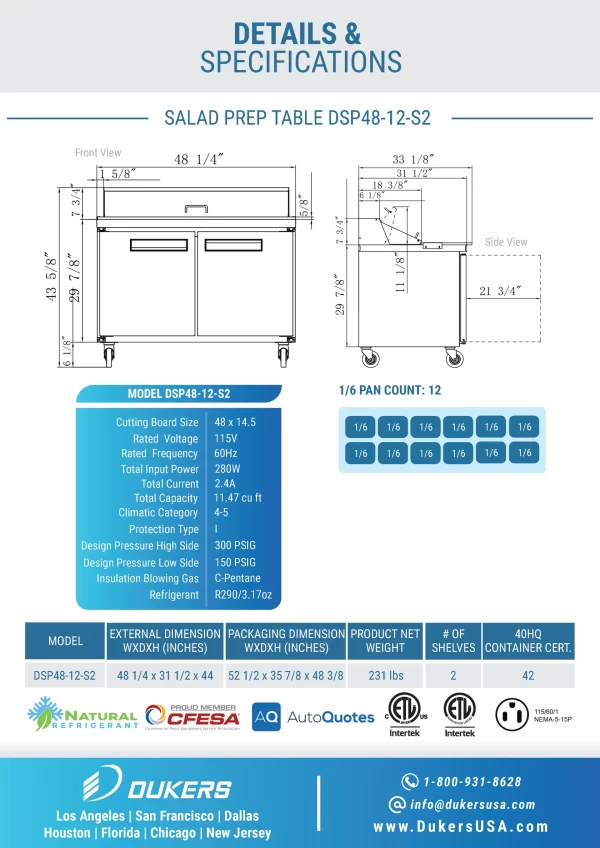 New Dukers 48" Regular Top Prep Table DSP48-12-S2 - Image 5