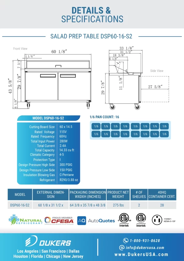 New Dukers 60" Regular Top Prep Table DSP60-16-S2 - Image 6