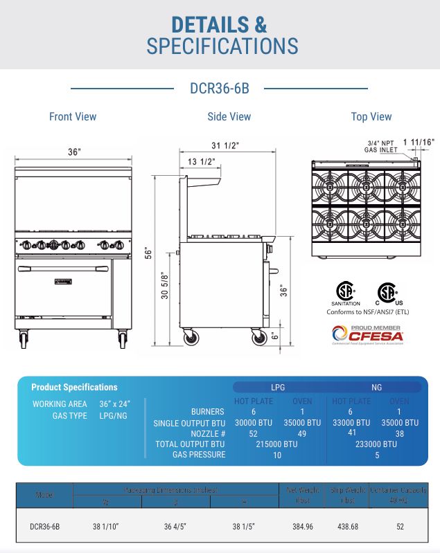Dukers 36" Gas Range with Six (6) Open Burners DCR36-6B, Estufa de 6 Quemadores - Image 7