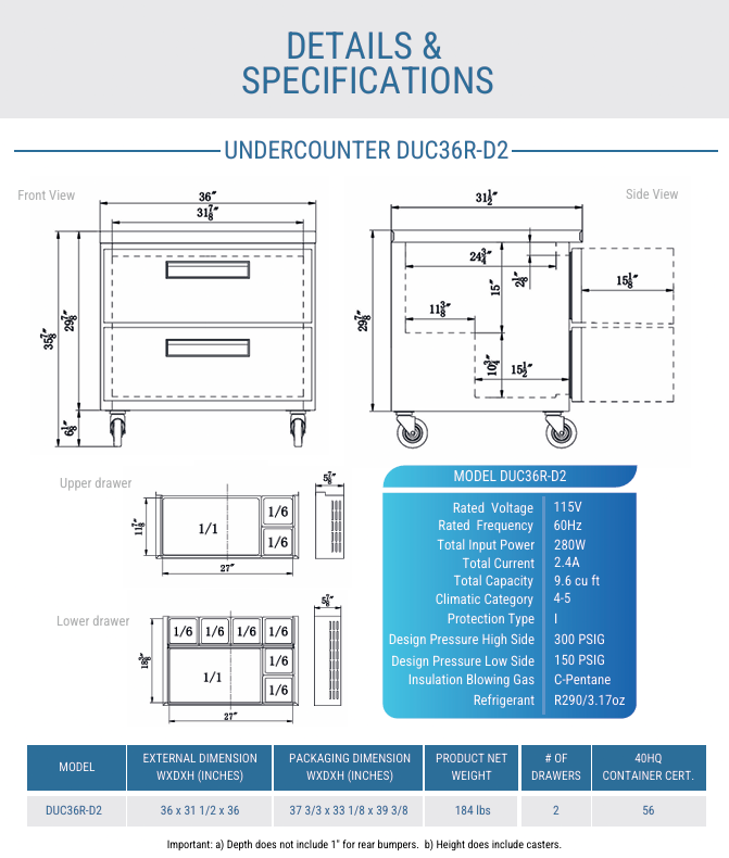 Dukers 2-Drawer 36" Undercounter Commercial Refrigerator in Stainless Steel DUC36R-D2, Refrigerador de 2 Puertas - Image 2