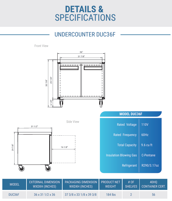 Dukers DUC36F 2-Door 36" Undercounter Freezer in Stainless Steel, Mesa de Congelador - Image 5