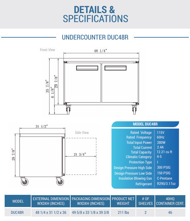 Dukers DUC48R 2-Door 48" Undercounter Refrigerator in Stainless Steel, Refrigerador de Mesa - Image 5