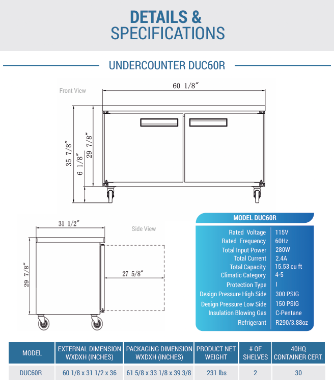Dukers 2-Door 60" Undercounter Commercial Refrigerator in Stainless Steel DUC60R, Refrigerador de 60" - Image 5