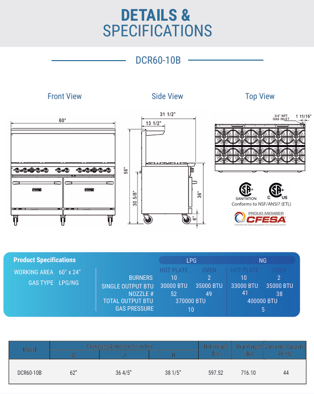 Dukers 60" Gas Range with Ten (10) Open Burners DCR60-10B, Estufa de 60" 10 Quemadores - Image 7