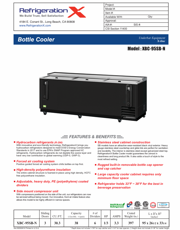 RefrigerationX 95" Bottle Cooler XBC-95SB-N, Refrigerador de Bar 95" - Image 3