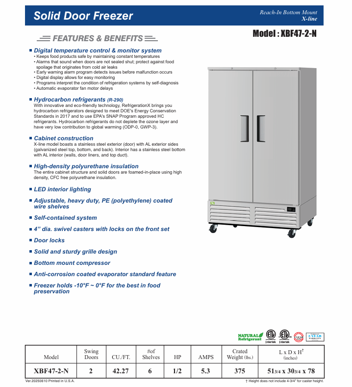 RefrigerationX 2 Solid Door Reach-In Freezer - Bottom Mount XBF47-2-N, Congelador de 2 Puertas Compressor Abajo - Image 3