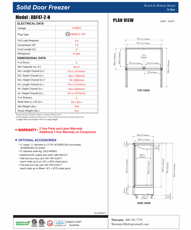 RefrigerationX 2 Solid Door Reach-In Freezer - Bottom Mount XBF47-2-N, Congelador de 2 Puertas Compressor Abajo - Image 2