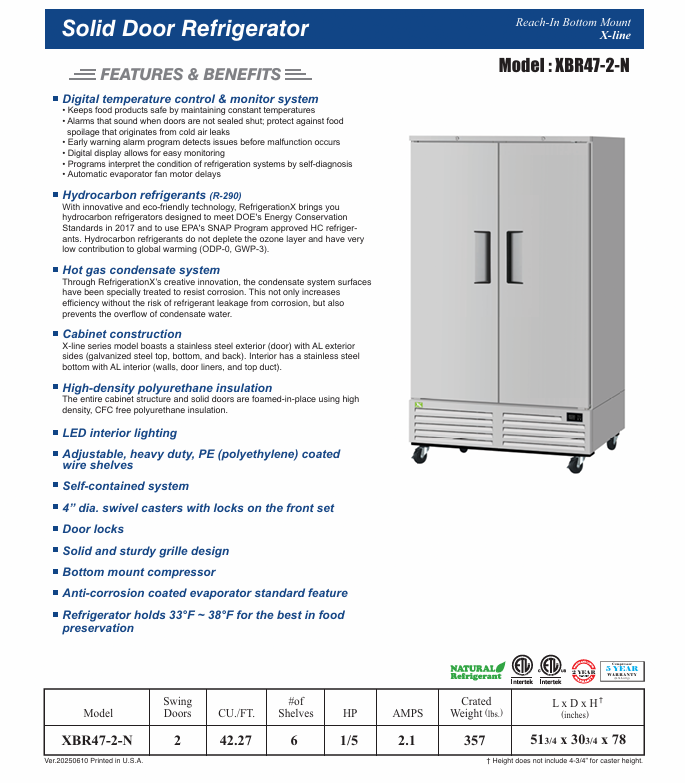RefrigerationX 2 Solid Door Reach-In Refrigerator - Bottom Mount XBR47-2-N6, Refrigerador de 2 Puertas Compressor Abajo - Image 3