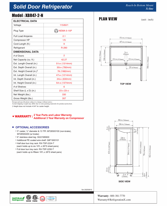 RefrigerationX 2 Solid Door Reach-In Refrigerator - Bottom Mount XBR47-2-N6, Refrigerador de 2 Puertas Compressor Abajo - Image 2