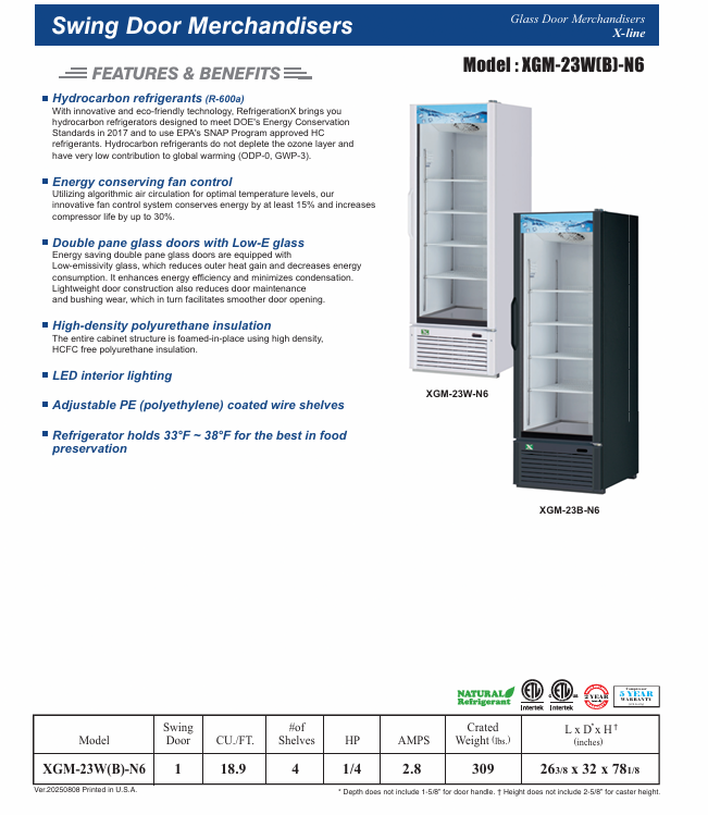 RefrigerationX 1 Door Glass Door Merchandiser- Black XGM-23B-N6 78" Height, Refrigerador de Bebidas - Image 3