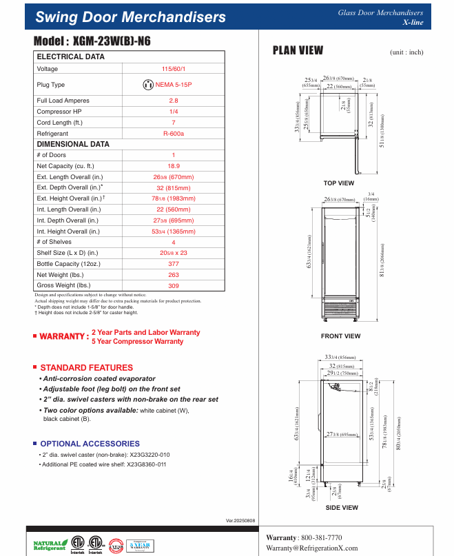 RefrigerationX 1 Door Glass Door Merchandiser- Black XGM-23B-N6 78" Height, Refrigerador de Bebidas - Image 2